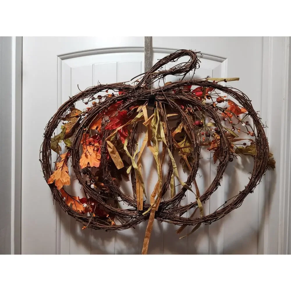 Fall Autumn Grapvine Halloween Pumpkin Wreath Thanksgiving Door Decor 24